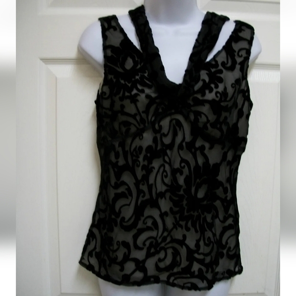 TAPEMEASURE BLACK VELVET BURNOUT VERSATILE LONG TIE SASH SLEEVELESS TOP 6 - Picture 6 of 11